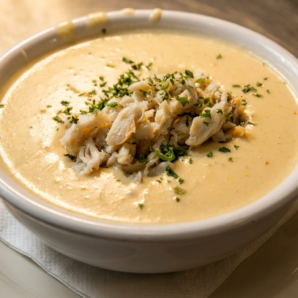Creamy crab soup topped with shredded crab meat and chopped parsley, served in a white bowl on a plate.