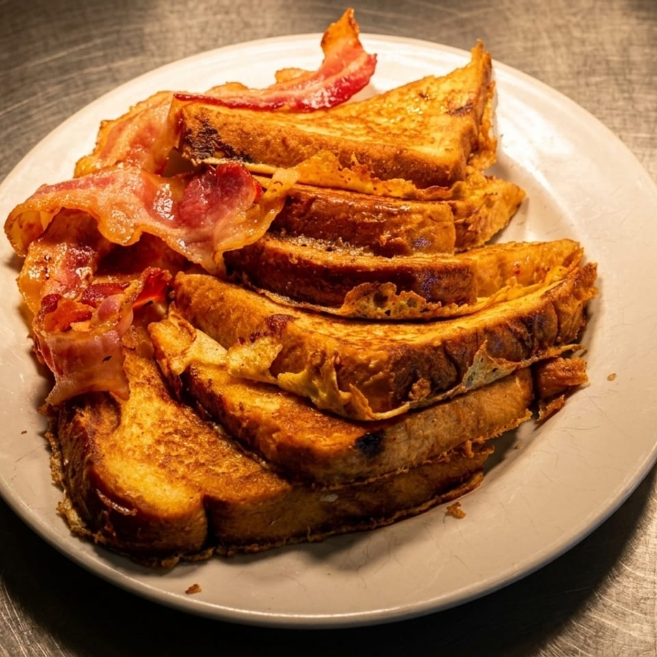Stack of golden French toast slices topped with crispy bacon on a white plate.