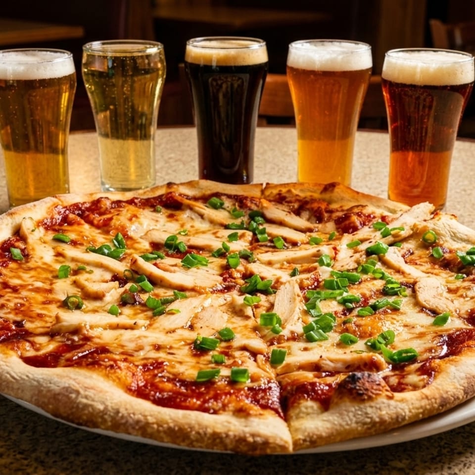 Large chicken and green onion pizza on a plate with five assorted beers in a warmly lit restaurant.