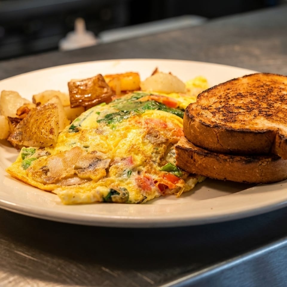 Plate of vegetable omelet, roasted potatoes, and toasted sandwich on a restaurant counter.