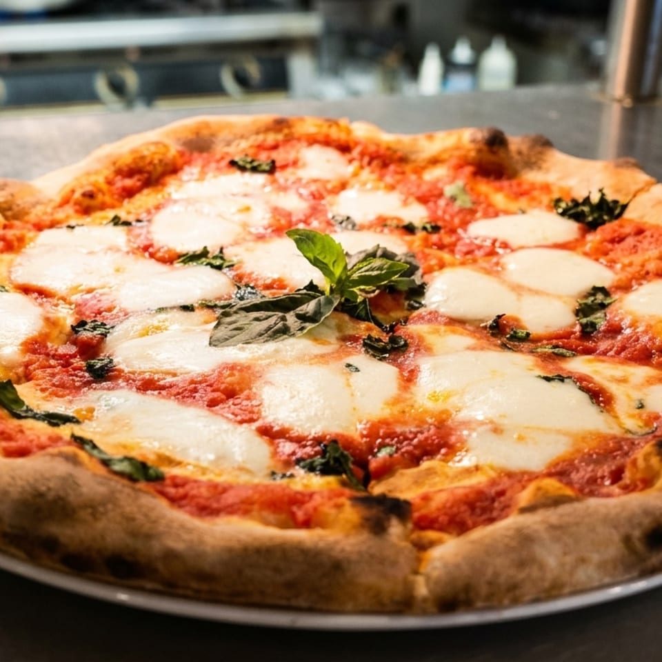 Neapolitan pizza topped with tomato sauce, melted mozzarella, and fresh basil on a plate in a commercial kitchen.