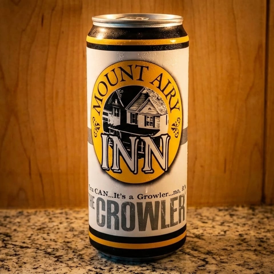 Mount Airy Brewing Company beer can labeled “The Growler” displayed on a granite countertop against warm wood paneling.