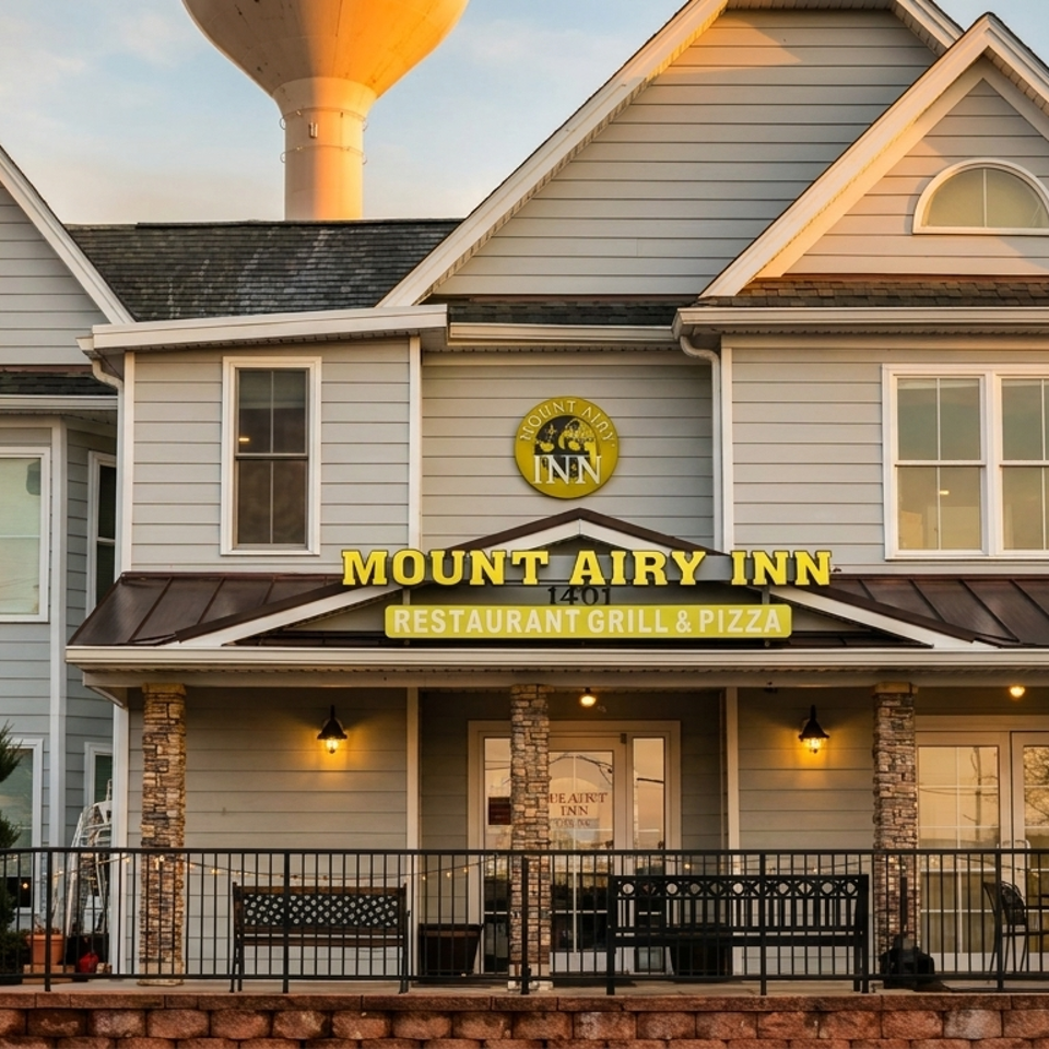 Exterior of Mount Airy Inn Restaurant Grill & Pizza, featuring a gray building, covered patio, and water tower at sunset.