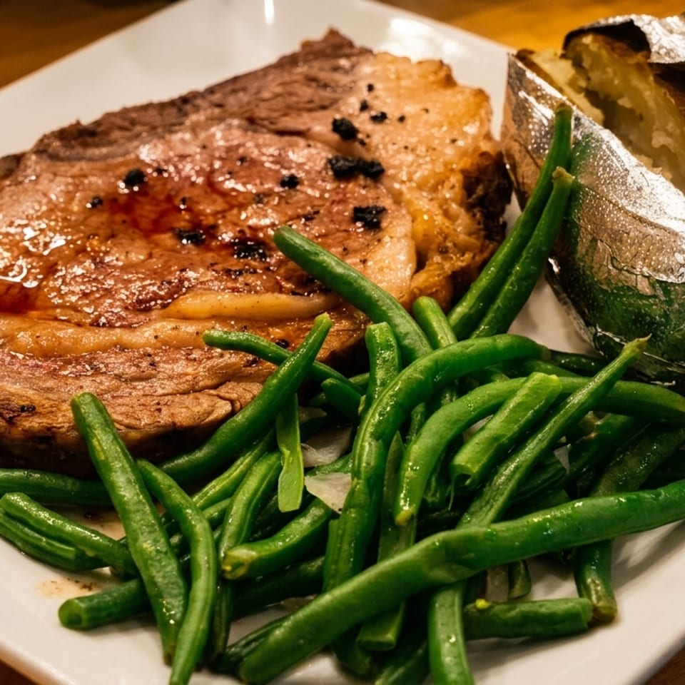 Grilled ribeye steak served with green beans and a foil-wrapped baked potato on a white plate.