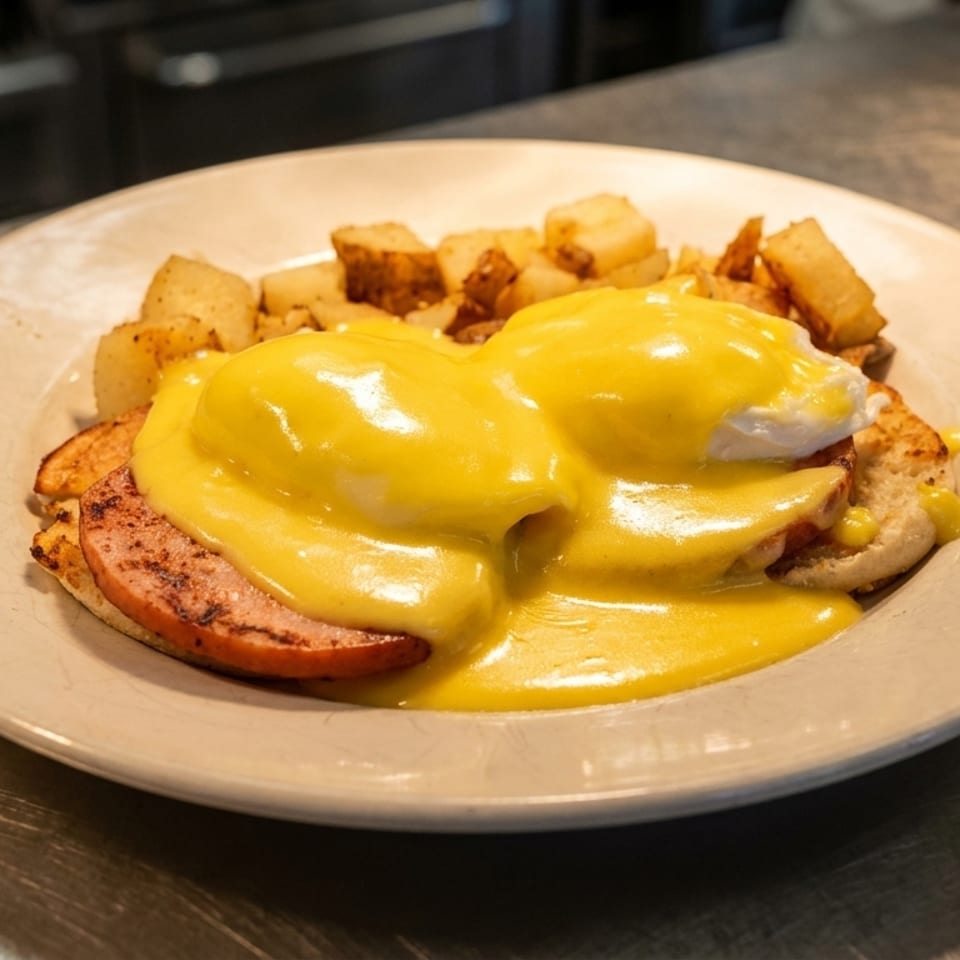 Eggs Benedict topped with golden hollandaise sauce, Canadian bacon, and poached eggs, served with roasted potatoes on a plate.